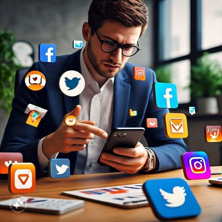 Social media icons and engagement charts